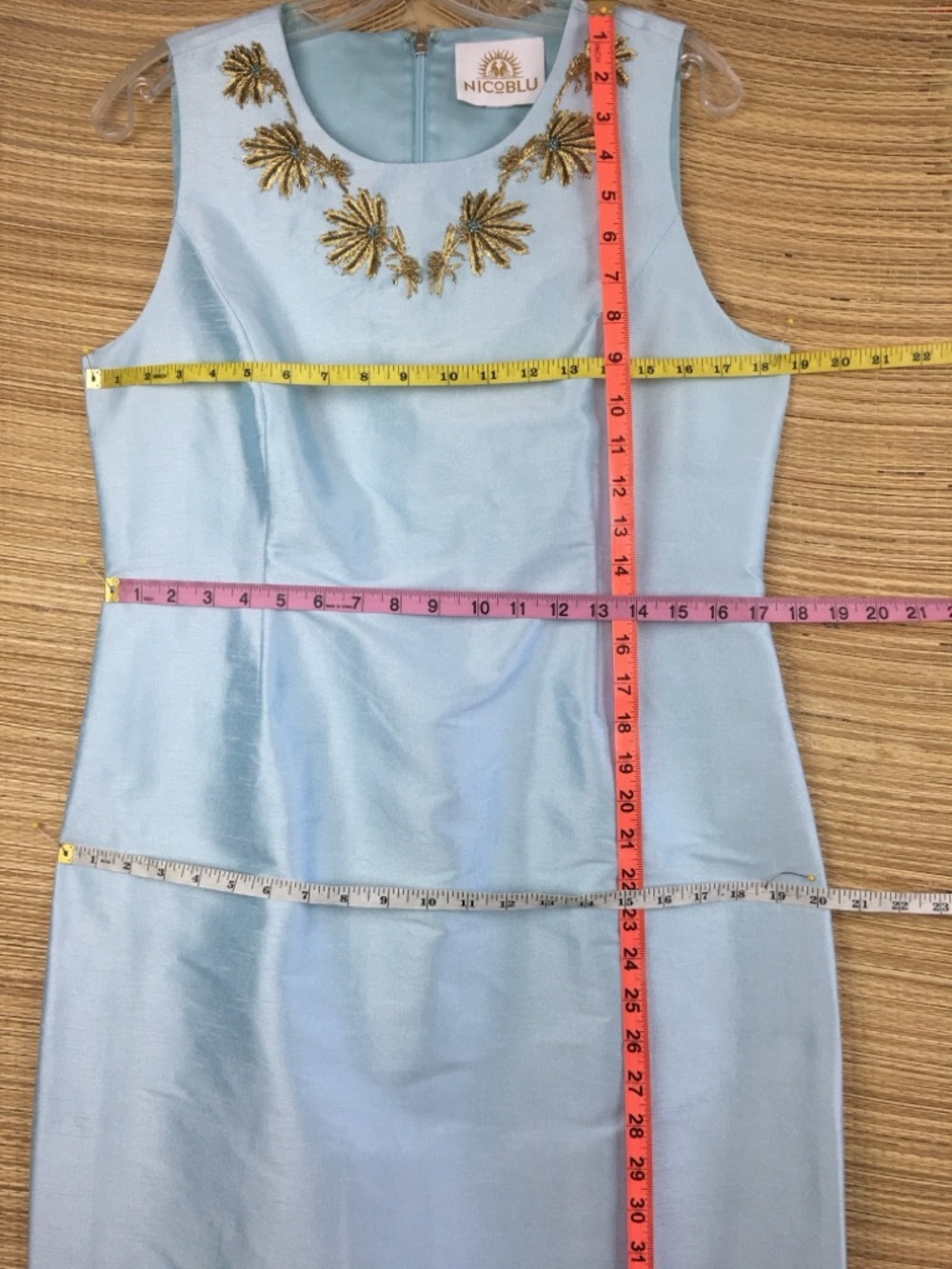 NICOBLU Alice Long Sheath Dress Blue Gold Embellished Size M - Picture 12 of 13